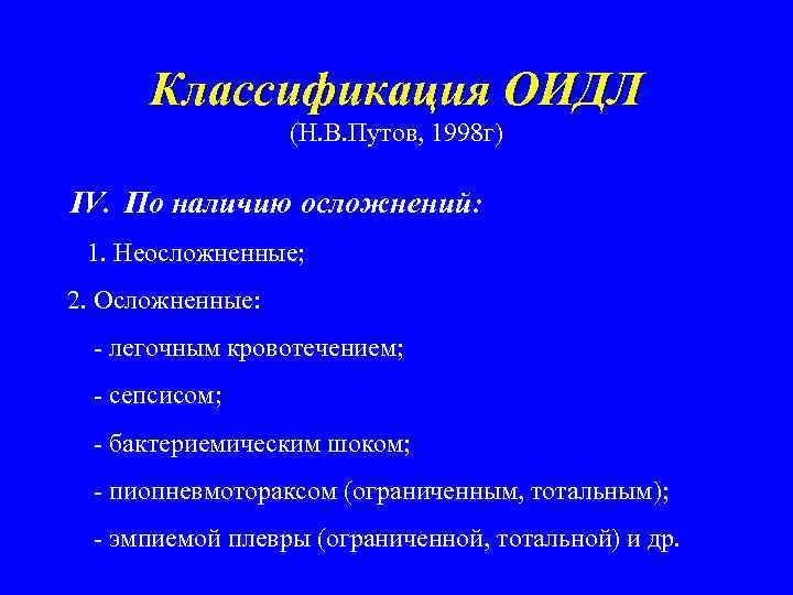 Классификация ОИДЛ (Н. В. Путов, 1998 г) IV. По наличию осложнений: 1. Неосложненные; 2.