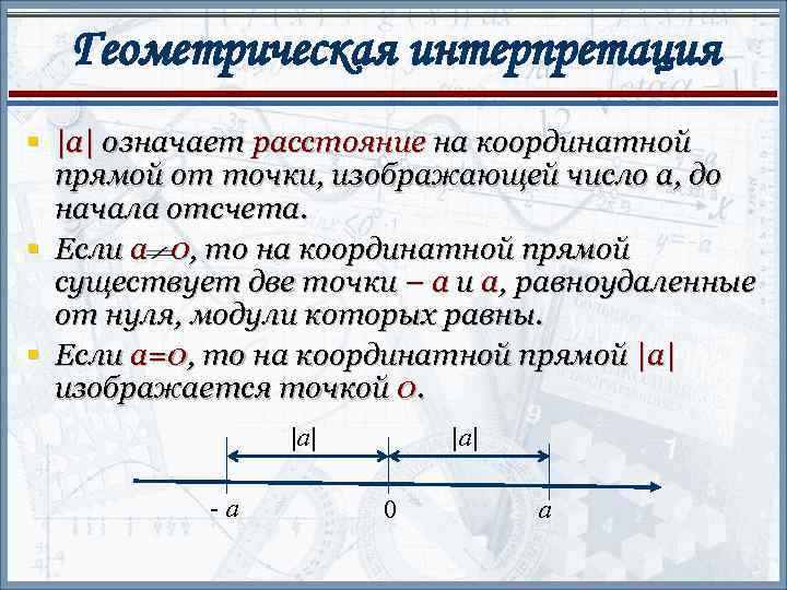 Геометрическая интерпретация § |а| означает расстояние на координатной прямой от точки, изображающей число а,