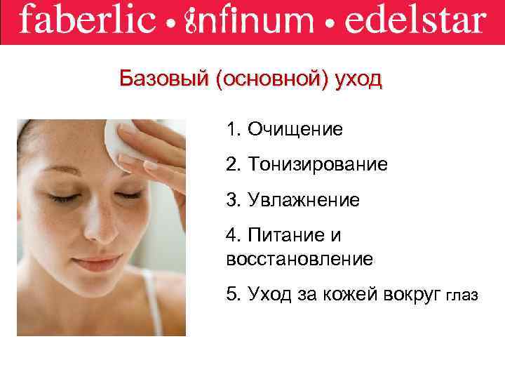 Базовый (основной) уход 1. Очищение 2. Тонизирование 3. Увлажнение 4. Питание и восстановление 5.
