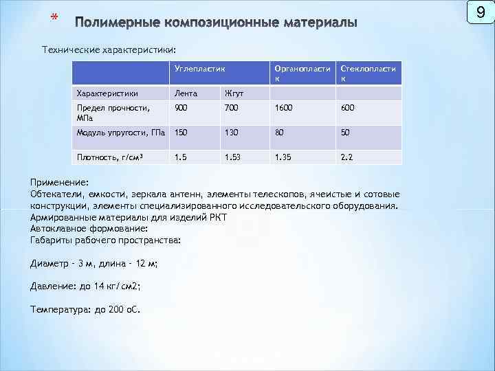 9 * Технические характеристики: Углепластик Органопласти к Стеклопласти к Характеристики Лента Жгут Предел прочности,