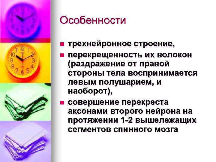 Особенности n n n трехнейронное строение, перекрещенность их волокон (раздражение от правой стороны тела