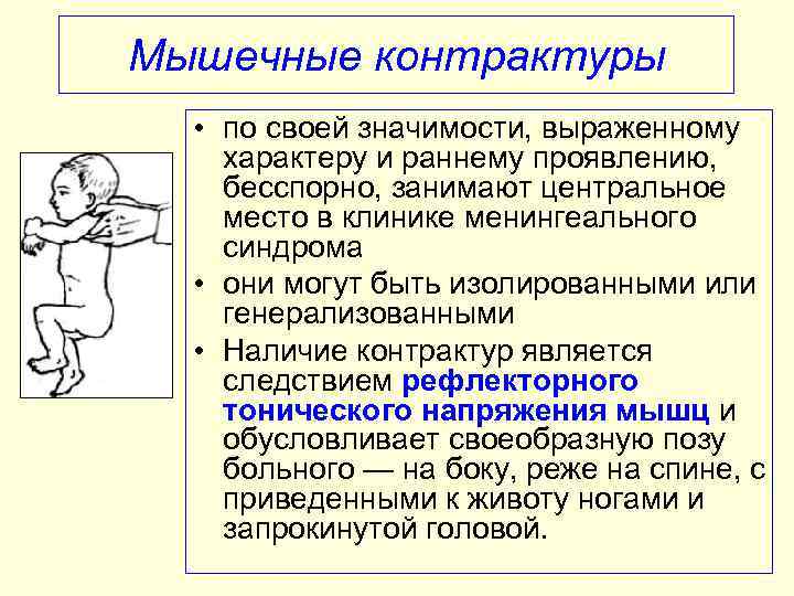 Мышечные контрактуры • по своей значимости, выраженному характеру и раннему проявлению, бесспорно, занимают центральное