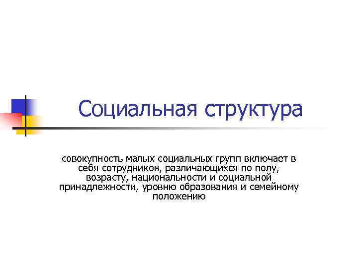 Социальная структура совокупность малых социальных групп включает в себя сотрудников, различающихся по полу, возрасту,