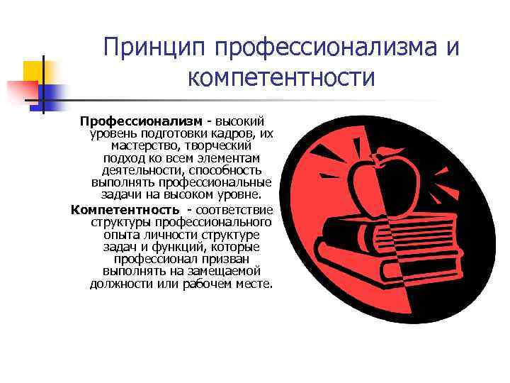 Принцип профессионализма и компетентности Профессионализм высокий уровень подготовки кадров, их мастерство, творческий подход ко