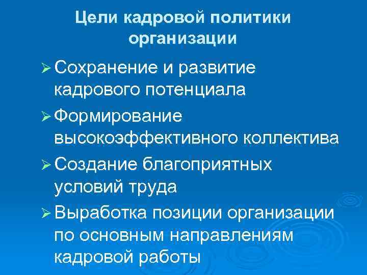 Цели кадровой политики организации Ø Сохранение и развитие кадрового потенциала Ø Формирование высокоэффективного коллектива