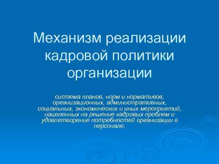 Механизм реализации кадровой политики организации система планов, норм и нормативов, организационных, административных, социальных, экономических