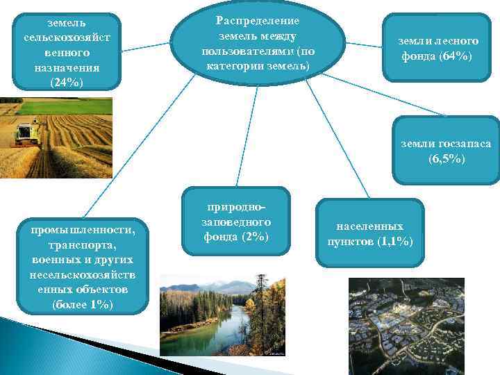 земель сельскохозяйст венного назначения (24%) Распределение земель между пользователями (по категории земель) земли лесного