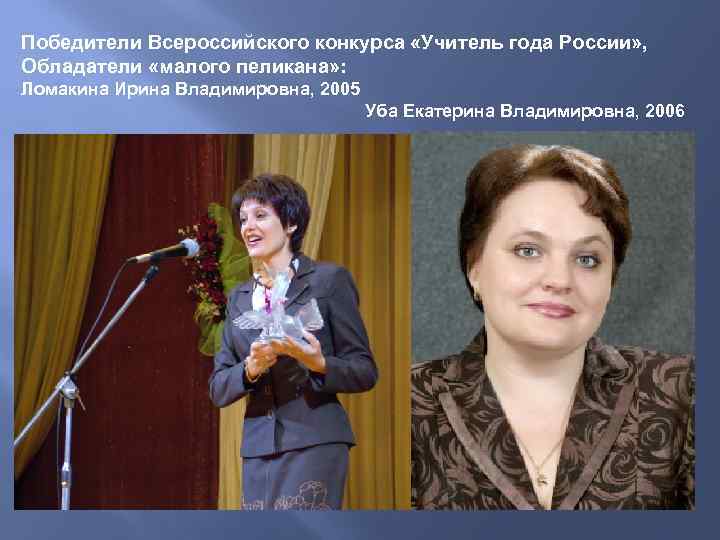Победители Всероссийского конкурса «Учитель года России» , Обладатели «малого пеликана» : Ломакина Ирина Владимировна,