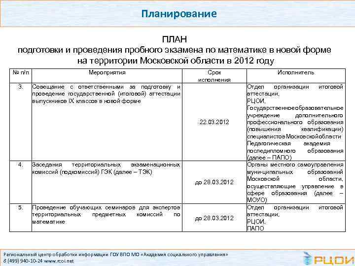 Планирование ПЛАН подготовки и проведения пробного экзамена по математике в новой форме на территории