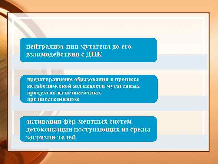 нейтрализа ция мутагена до его взаимодействия с ДНК предотвращение образования в процессе метаболической активности