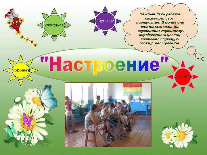 спокойное грустное Каждый день ребята отмечали свое настроение. В конце дня они наклеивали на