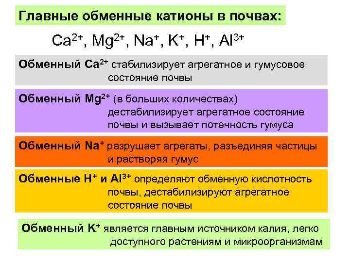 Главные обменные катионы в почвах: Ca 2+, Mg 2+, Na+, K+, H+, Al 3+