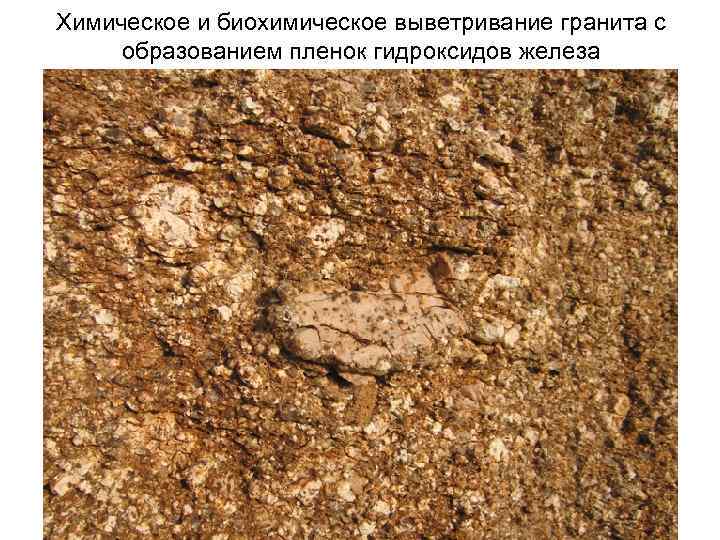 Химическое и биохимическое выветривание гранита с образованием пленок гидроксидов железа 