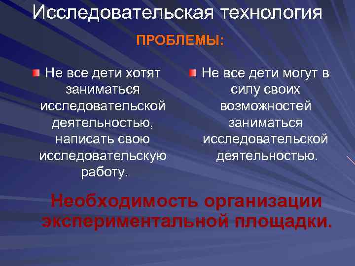 Исследовательская технология ПРОБЛЕМЫ: Не все дети хотят заниматься исследовательской деятельностью, написать свою исследовательскую работу.
