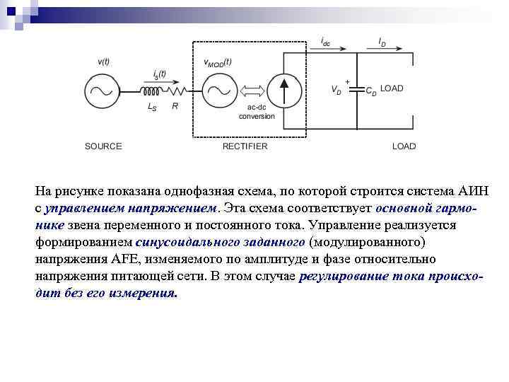 На рисунке показана однофазная схема, по которой строится система АИН с управлением напряжением. Эта