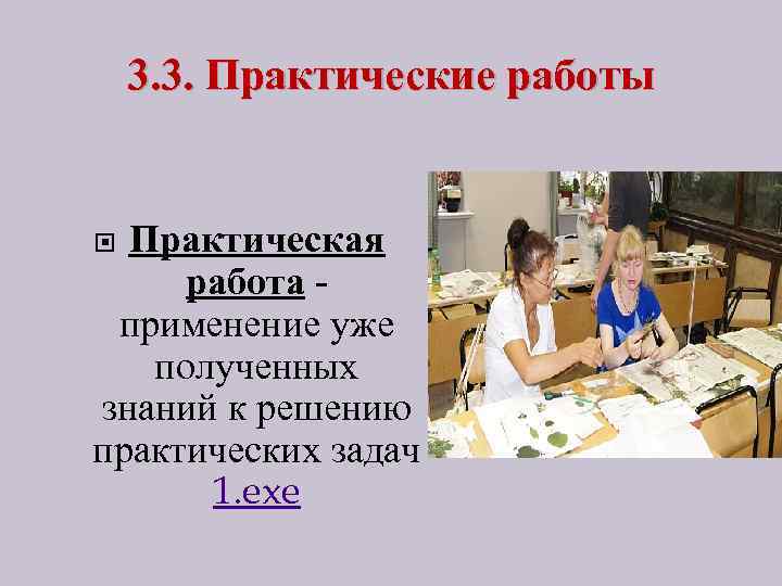 3. 3. Практические работы Практическая работа применение уже полученных знаний к решению практических задач