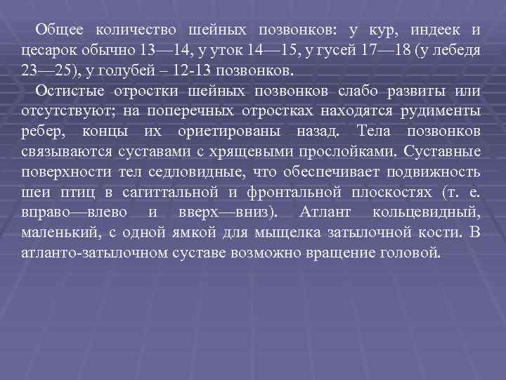 Общее количество шейных позвонков: у кур, индеек и цесарок обычно 13— 14, у уток