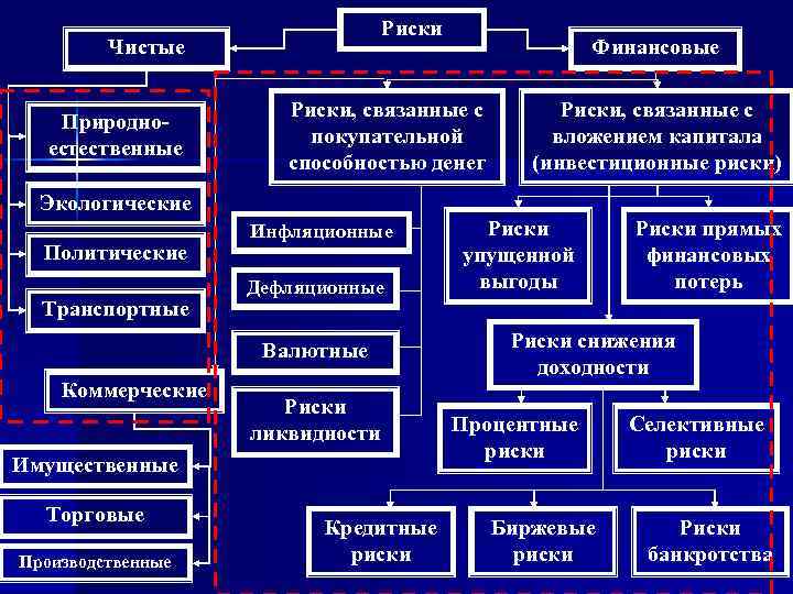 Риски Чистые Природноестественные Финансовые Риски, связанные с покупательной способностью денег Риски, связанные с вложением