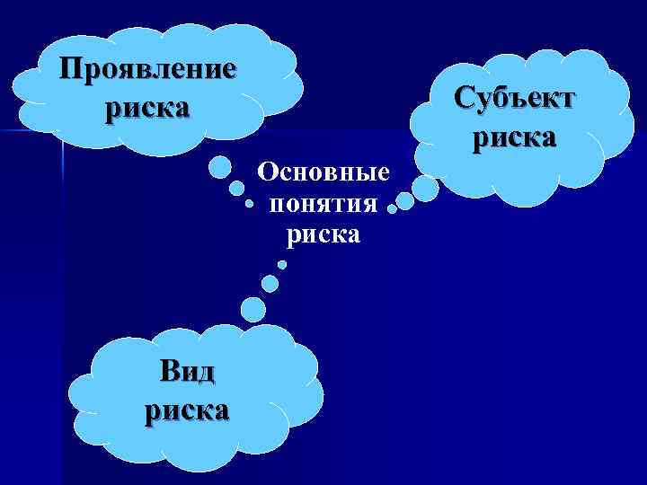 Проявление риска Субъект риска Основные понятия риска Вид риска 