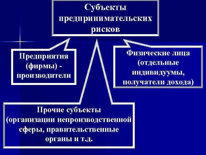 Субъекты предпринимательских рисков Предприятия (фирмы) производители Физические лица (отдельные индивидуумы, получатели дохода) Прочие субъекты