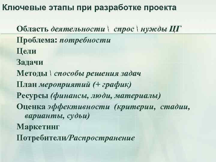 Ключевые этапы при разработке проекта Область деятельности  спрос  нужды ЦГ Проблема: потребности