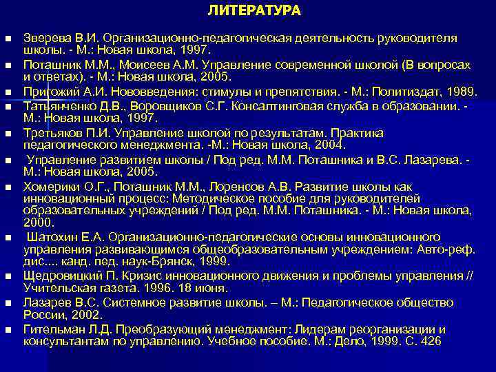 ЛИТЕРАТУРА n n n Зверева В. И. Организационно-педагогическая деятельность руководителя школы. - М. :