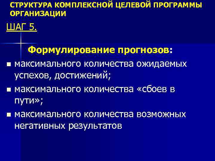 СТРУКТУРА КОМПЛЕКСНОЙ ЦЕЛЕВОЙ ПРОГРАММЫ ОРГАНИЗАЦИИ ШАГ 5. Формулирование прогнозов: n максимального количества ожидаемых успехов,