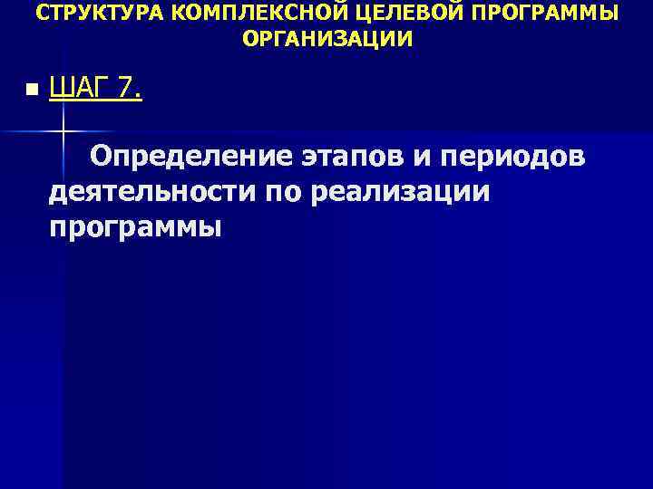СТРУКТУРА КОМПЛЕКСНОЙ ЦЕЛЕВОЙ ПРОГРАММЫ ОРГАНИЗАЦИИ n ШАГ 7. Определение этапов и периодов деятельности по