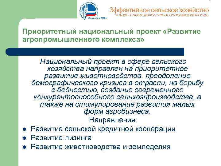 Приоритетный национальный проект «Развитие агропромышленного комплекса» l l l Национальный проект в сфере сельского