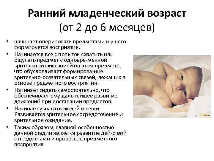 Ранний младенческий возраст (от 2 до 6 месяцев) • начинает оперировать предметами и у