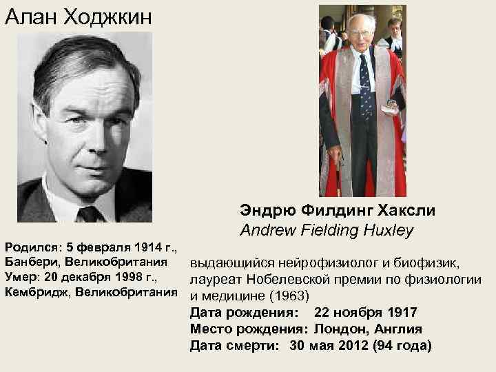 Алан Ходжкин Эндрю Филдинг Хаксли Andrew Fielding Huxley Родился: 5 февраля 1914 г. ,