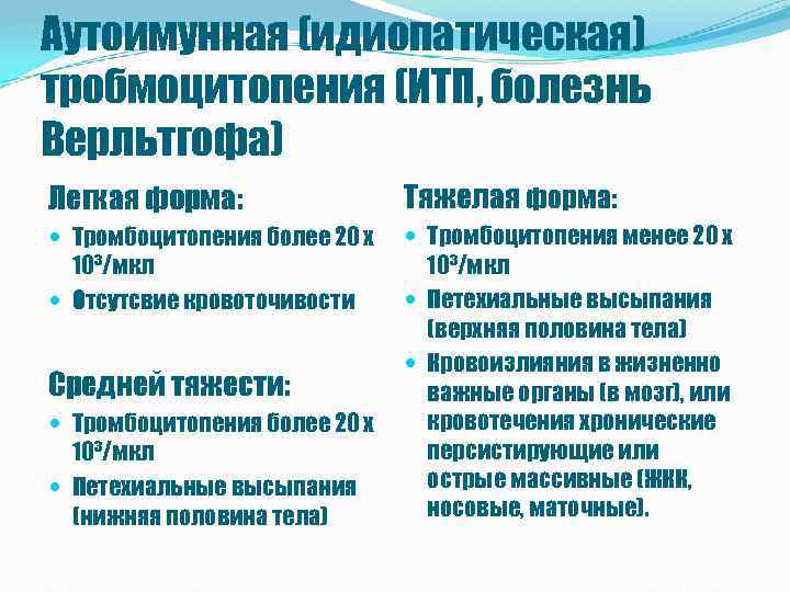 Аутоимунная (идиопатическая) тробмоцитопения (ИТП, болезнь Верльтгофа) Легкая форма: Тяжелая форма: Тромбоцитопения более 20 х