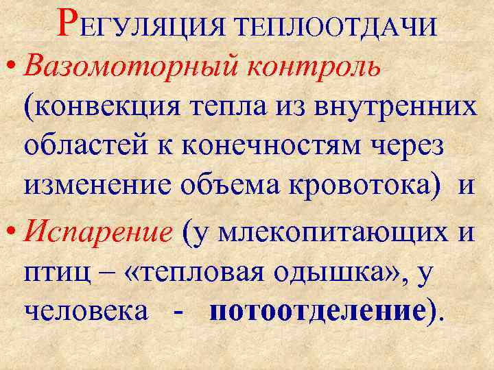 РЕГУЛЯЦИЯ ТЕПЛООТДАЧИ • Вазомоторный контроль (конвекция тепла из внутренних областей к конечностям через изменение