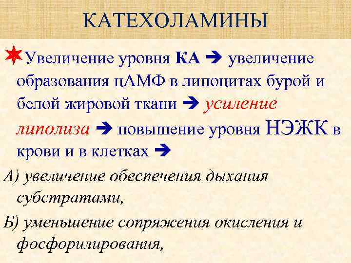 КАТЕХОЛАМИНЫ Увеличение уровня КА увеличение образования ц. АМФ в липоцитах бурой и белой жировой