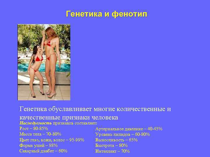 Генетика и фенотип Генетика обуславливает многие количественные и качественные признаки человека Наследуемость признаков составляет: