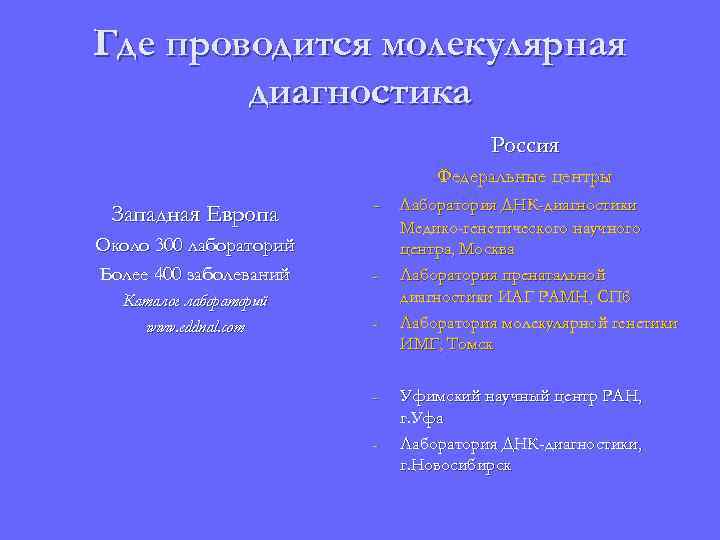 Где проводится молекулярная диагностика Россия Федеральные центры Западная Европа - Лаборатория ДНК-диагностики Около 300