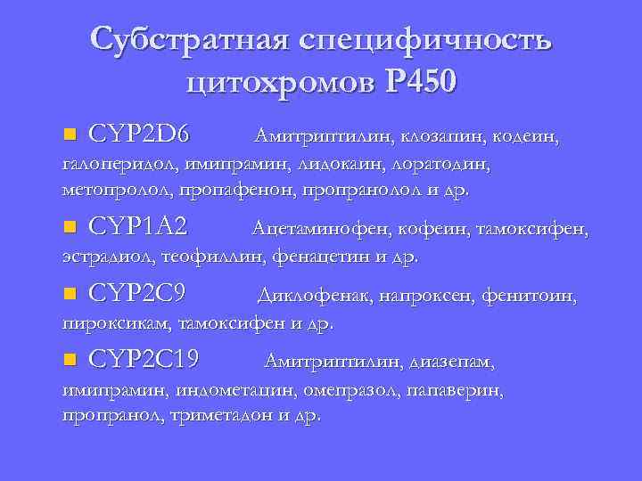 Субстратная специфичность цитохромов Р 450 n CYP 2 D 6 Амитриптилин, клозапин, кодеин, галоперидол,