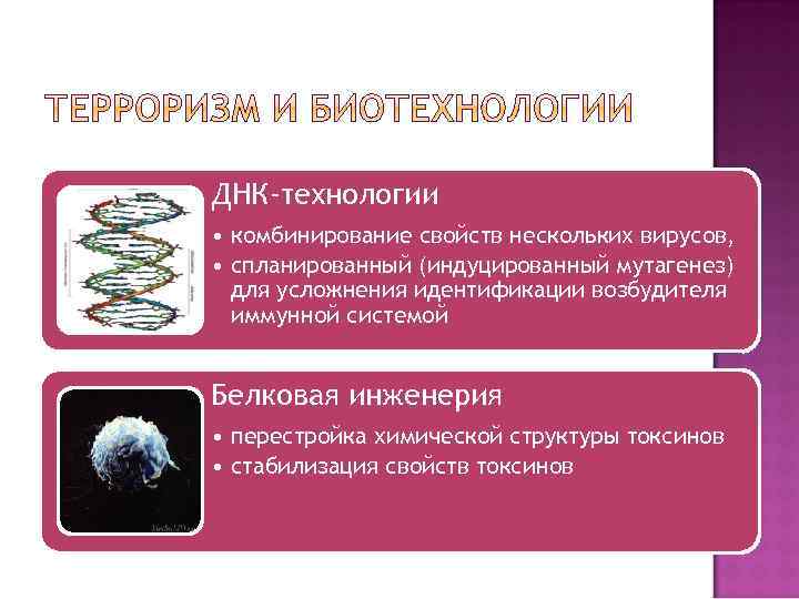 ДНК-технологии • комбинирование свойств нескольких вирусов, • спланированный (индуцированный мутагенез) для усложнения идентификации возбудителя