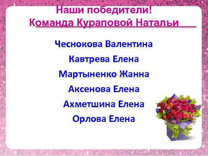 Наши победители! Команда Кураповой Натальи Чеснокова Валентина Кавтрева Елена Мартыненко Жанна Аксенова Елена Ахметшина