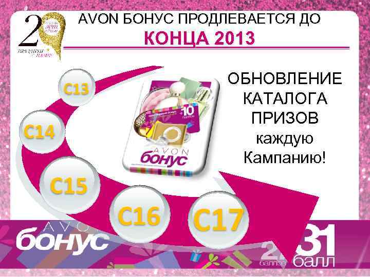 AVON БОНУС ПРОДЛЕВАЕТСЯ ДО КОНЦА 2013 ОБНОВЛЕНИЕ КАТАЛОГА ПРИЗОВ каждую Кампанию! С 13 С
