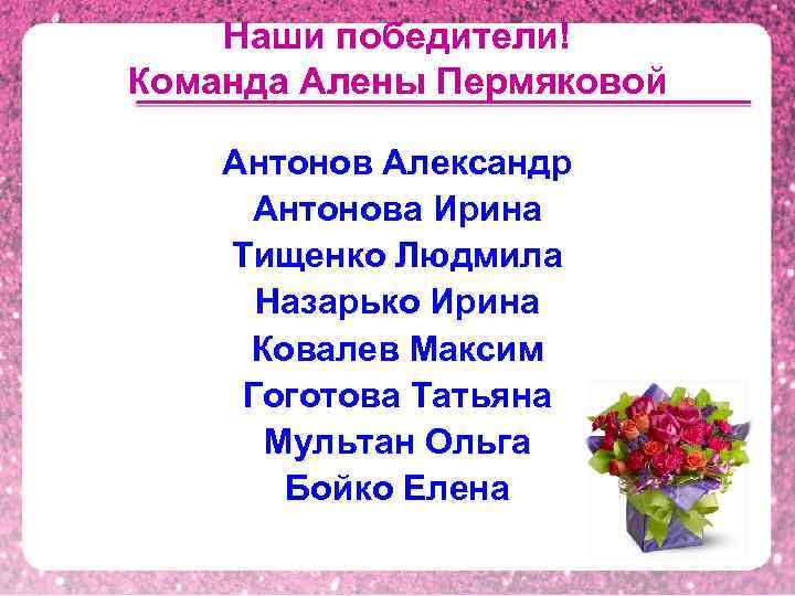  Наши победители! Команда Алены Пермяковой Антонов Александр Антонова Ирина Тищенко Людмила Назарько Ирина
