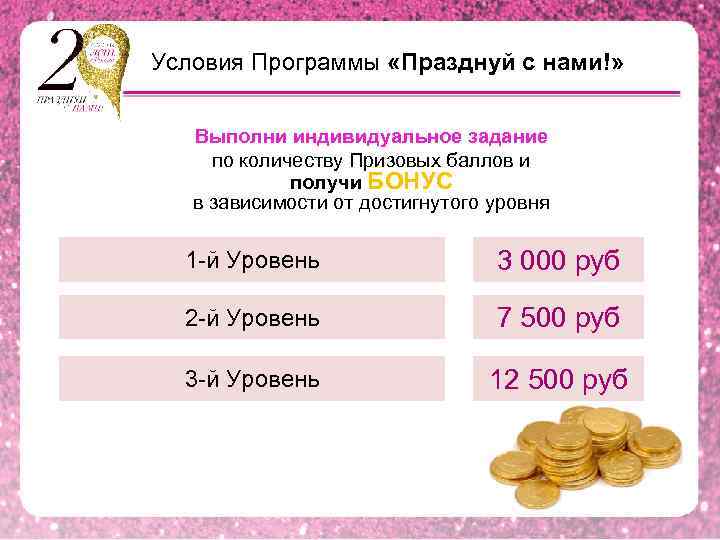 Условия Программы «Празднуй с нами!» • Выполни индивидуальное задание • по количеству Призовых баллов