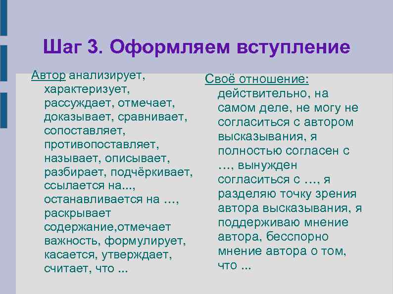 Шаг 3. Оформляем вступление Автор анализирует, Своё отношение: характеризует, действительно, на рассуждает, отмечает, самом