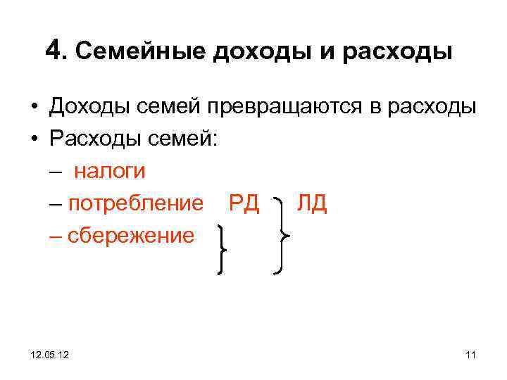 4. Семейные доходы и расходы • Доходы семей превращаются в расходы • Расходы семей: