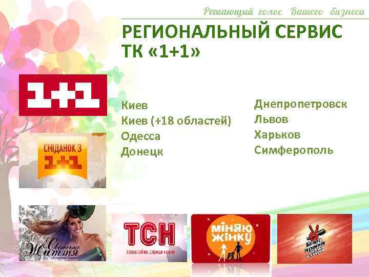 РЕГИОНАЛЬНЫЙ СЕРВИС ТК « 1+1» Киев (+18 областей) Одесса Донецк Днепропетровск Львов Харьков Симферополь