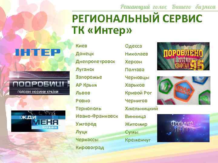 РЕГИОНАЛЬНЫЙ СЕРВИС ТК «Интер» Киев Донецк Днепропетровск Луганск Запорожье АР Крым Львов Ровно Тернополь