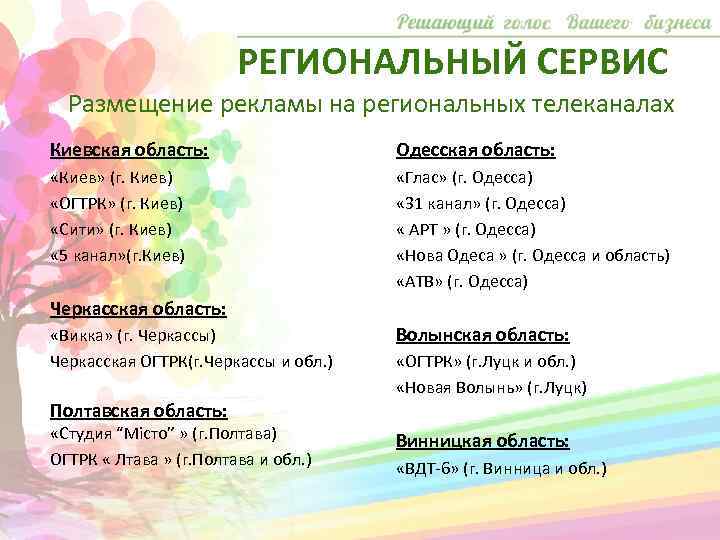 РЕГИОНАЛЬНЫЙ СЕРВИС Размещение рекламы на региональных телеканалах Киевская область: Одесская область: «Киев» (г. Киев)