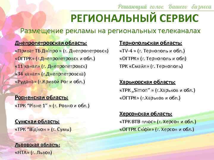 РЕГИОНАЛЬНЫЙ СЕРВИС Размещение рекламы на региональных телеканалах Днепропетровская область: Тернопольская область: «Приват ТБ Дніпро