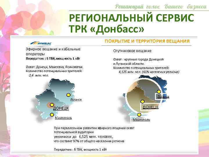 РЕГИОНАЛЬНЫЙ СЕРВИС ТРК «Донбасс» ПОКРЫТИЕ И ТЕРРИТОРИЯ ВЕЩАНИЯ Эфирное вещание и кабельные операторы Передатчик