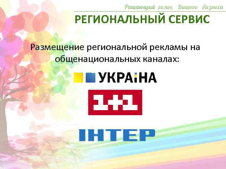 РЕГИОНАЛЬНЫЙ СЕРВИС Размещение региональной рекламы на общенациональных каналах: 